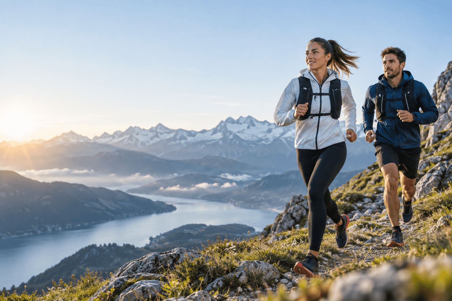 Deux athlètes courent sur un sentier alpin au lever du soleil